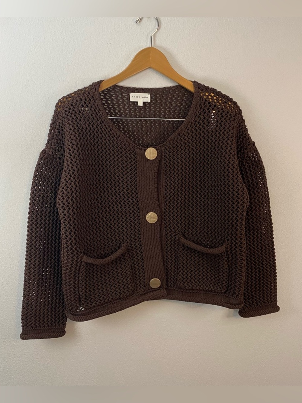 Entro Brown Knit Crocheted Button Down Sweater Cardigan Womens Medium Fisherman‎
